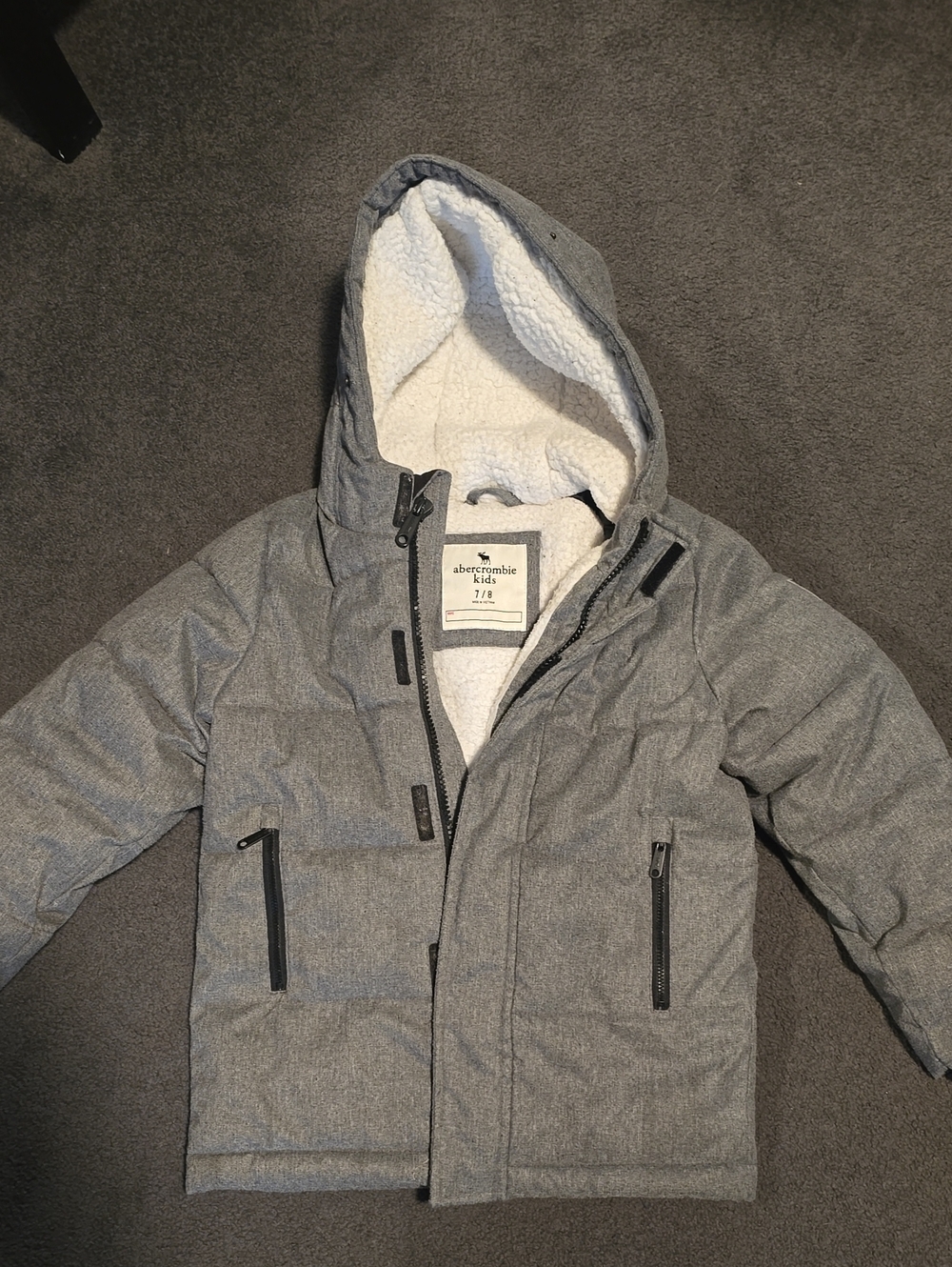 Abercrombie Kids Grey Hooded Puffer Jacket with Sherpa Lining